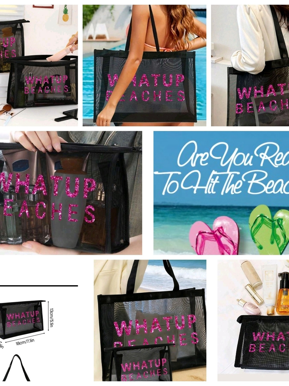 Black Mesh Tote Bag with Pink 'WHATUP BEACHES' Text